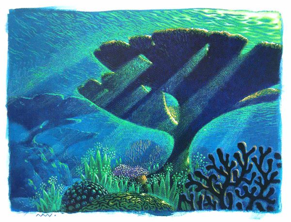 Beautiful blue-green underwater lighting study of light shining through coral reef from The Art of Finding Nemo.