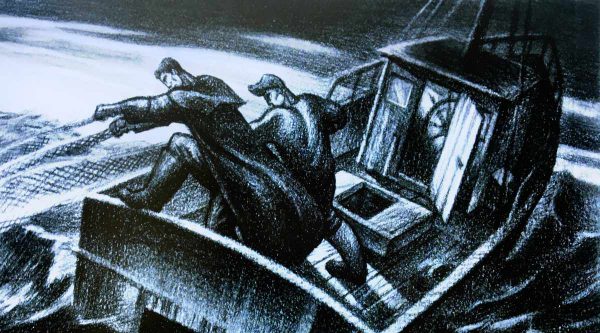 Art deco style charcoal drawing of fishermen pulling nets in stormy sea from The Art of Finding Nemo.