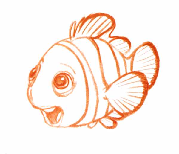 Orange pencil character design of Nemo looking happy from The Art of Finding Nemo.