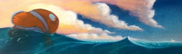 Pastel lighting study of ocean and sky with Nemo's father looking into distance.