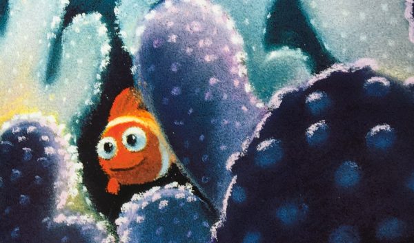 The Art of Finding Nemo pastel concept art of Nemo looking through coral.