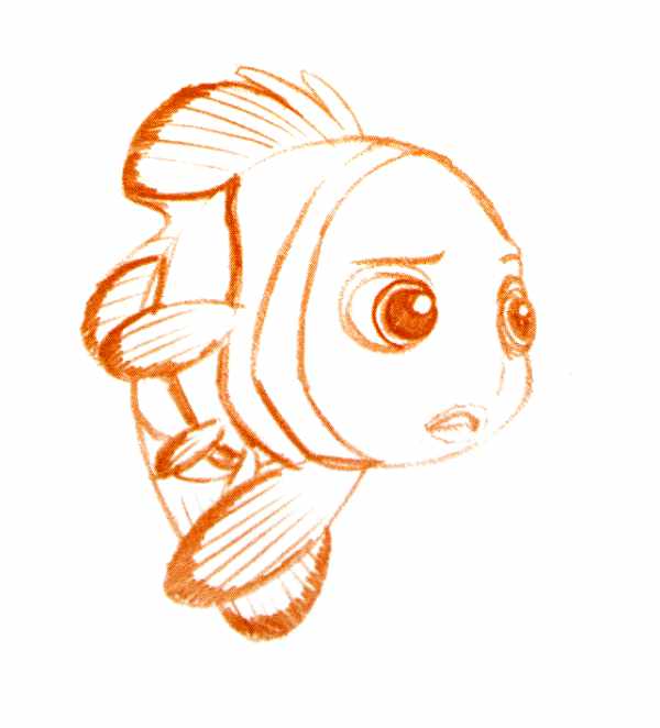 Orange pencil character design of Nemo looking worried from The Art of Finding Nemo.