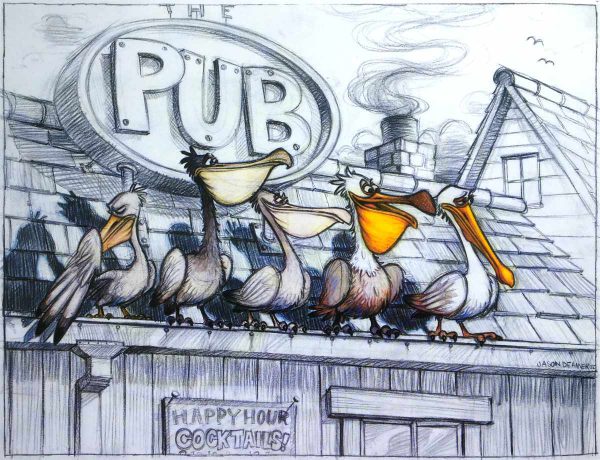 Jason Deamer pencil concept drawing of Finding Nemo pelicans sitting in a line on a roof.
