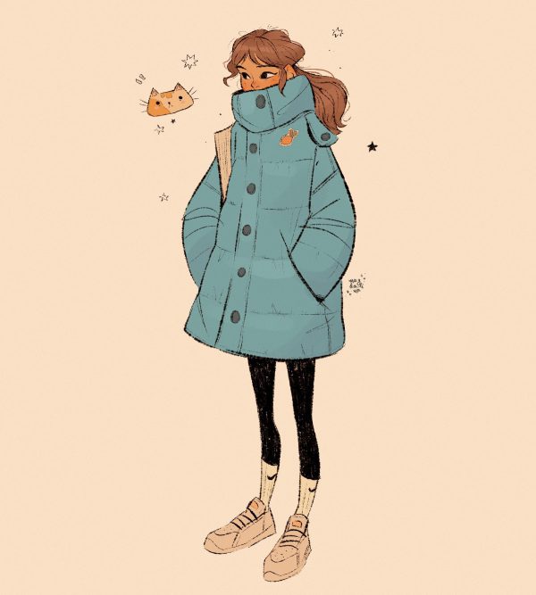 A character design of a girl in black leggings and blue puffer coat by Magdalina Dianova.