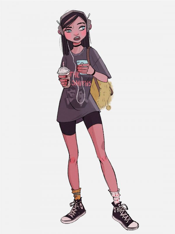 Full colour character design of a goth girl in converse listening to music by Magdalina Dianova.