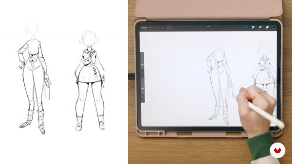 Top down view of Magdalina Dianova drawing girl character designs on her iPad.