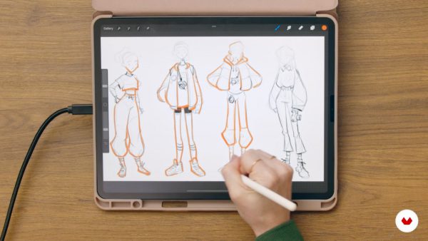Magdalina Dianova sketching different character design outfits in Procreate