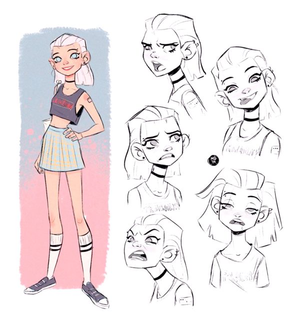 Collection of concept art sketches of a pretty girl pulling different expressions by Magdalina Dianova.