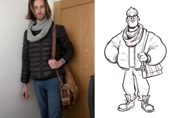 A character design of a guy wearing a puffer jacket, cowl scarf and satchel next to the original photo reference.