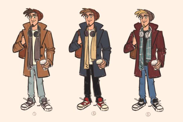 A lineup of three character designs of a young professional man in different colour schemes by Richard Butler.