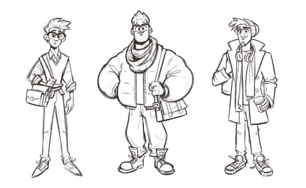 A lineup of three character designs of guys wearing modern work wear drawn in a Disney-like style by Richard Butler.